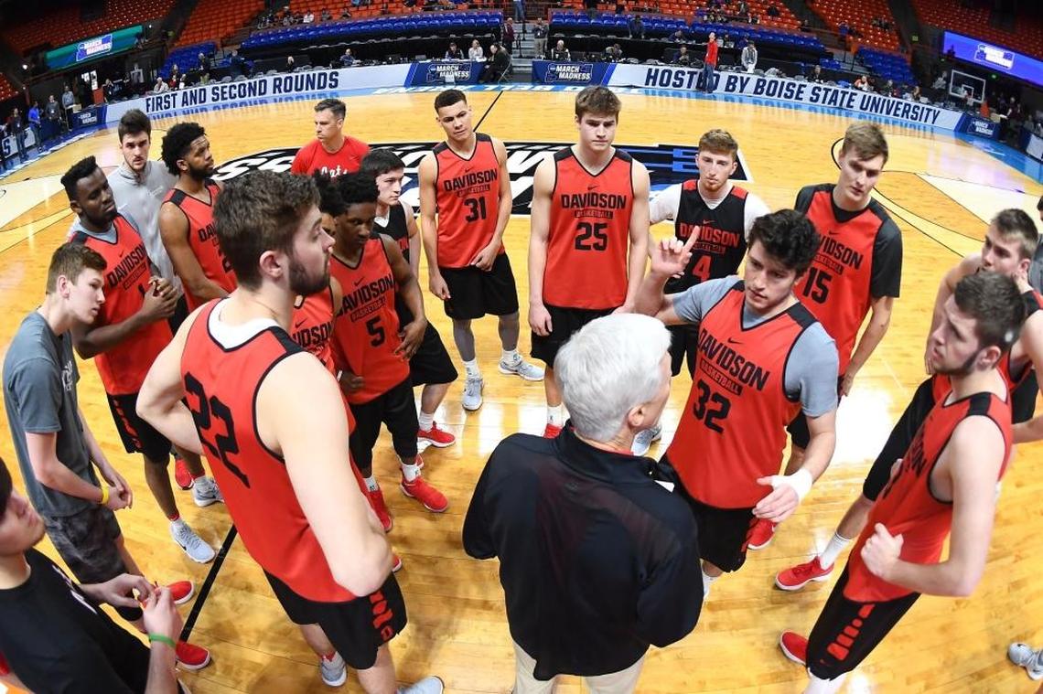 Davidson head coach Bob McKillop talks to his Wildcats before Wednesday’s practice in Boise, Idaho. No. 12 seed Davidson plays No. 5 seed Kentucky on Thursday night in the 2018 NCAA basketball tournament.