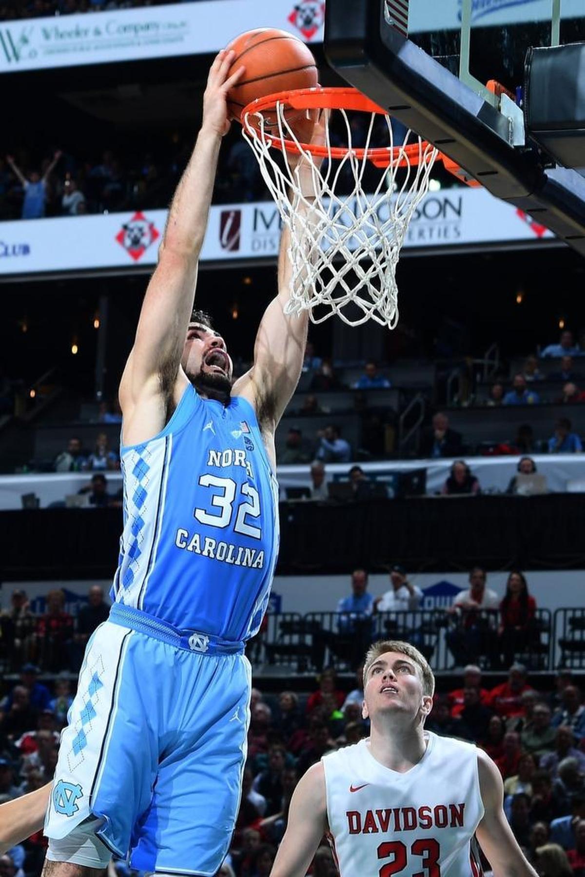 Luke Maye scored 24 points and had 17 rebounds for North Carolina against Davidson on Friday night in the Spectrum Center in Charlotte.