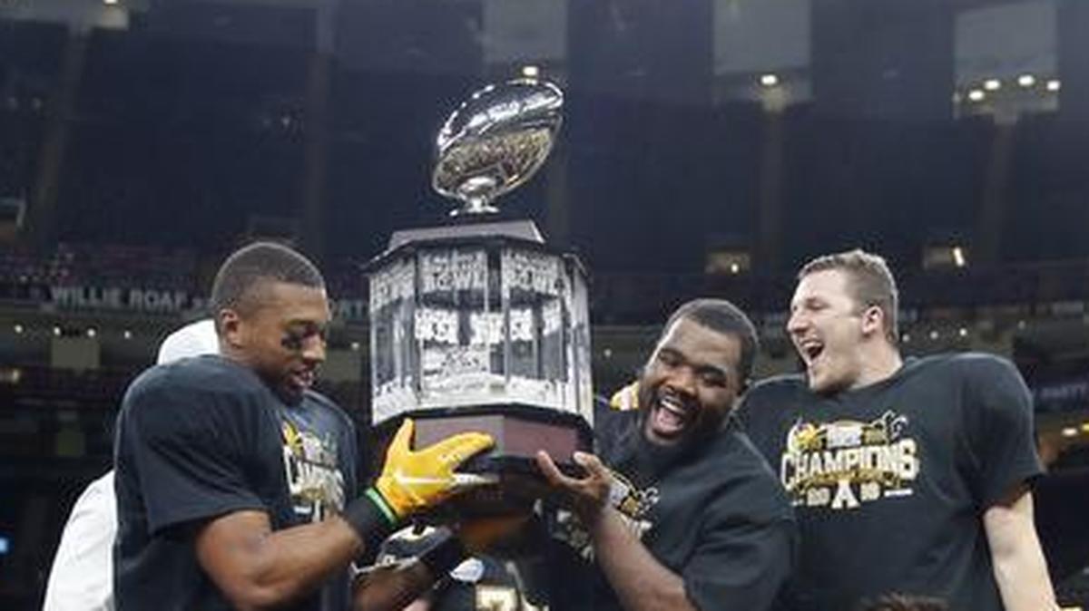 Appalachian State players celebrate after their 45-13 victory over Middle Tennessee in the New Orleans Bowl on Saturday.
