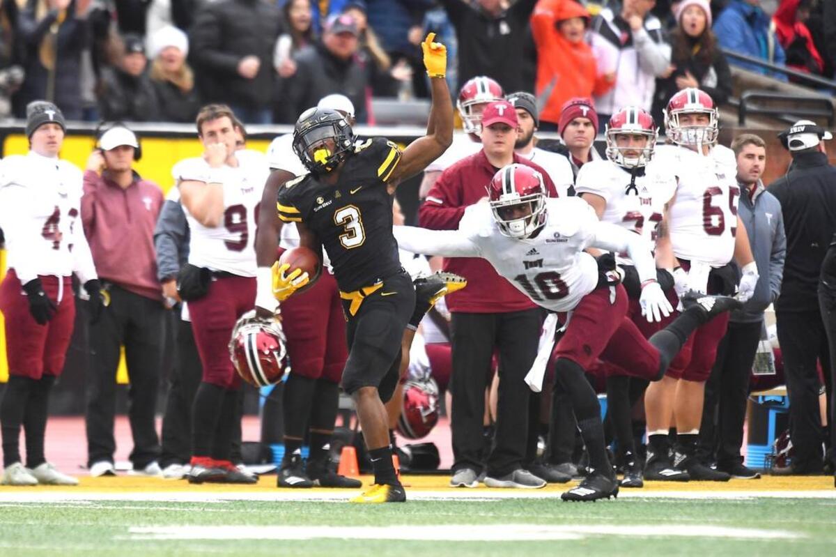 Appalachian State running back Darrynton Evans finishes a rush of 58 yards late in the first quarter of Saturday’s Sun Belt footbal game against Troy. Evans and the Mountaineers won 21-10.
