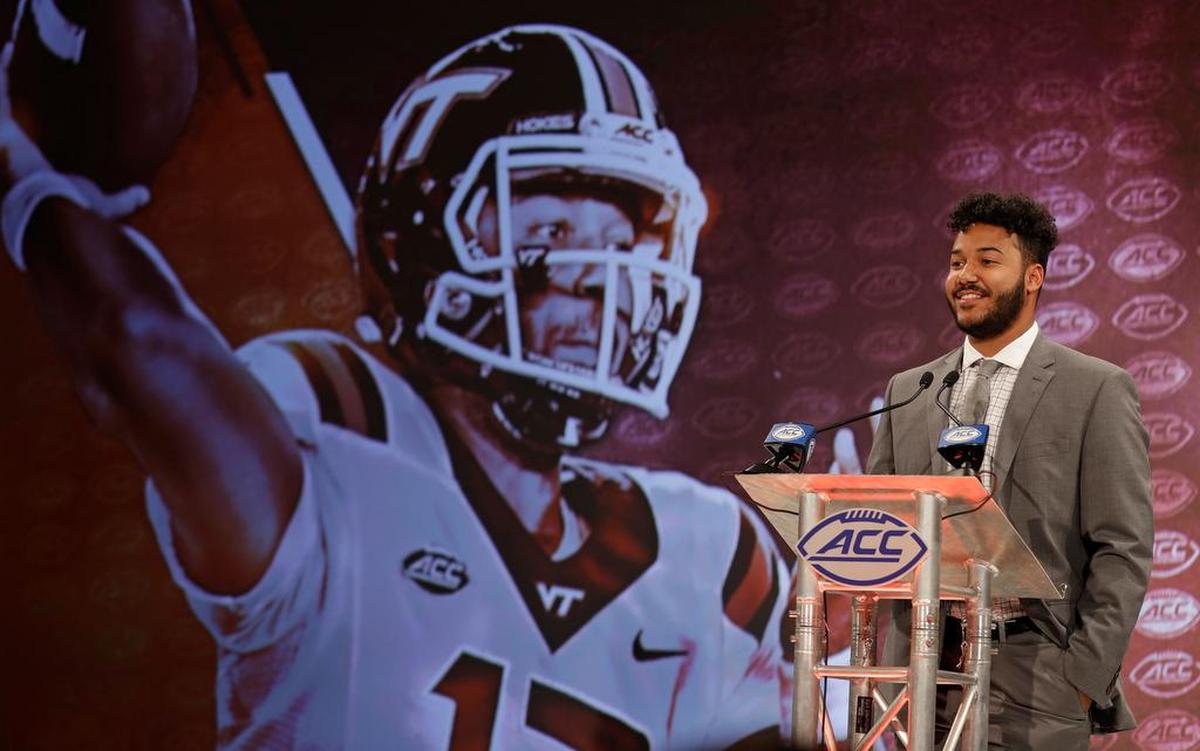 Virginia Tech’s Josh Jackson answers a question during a news conference at the NCAA Atlantic Coast Conference college football media day in Charlotte, N.C., Wednesday, July 18, 2018. (AP Photo/Chuck Burton)