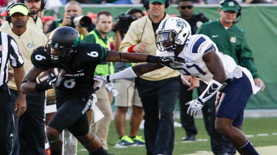 Charlotte wide receiver Workpeh Kofa breaks free from Old Dominion cornerback Aaron Young after a reception during Saturday’s Conference USA game at Richardson Stadium.