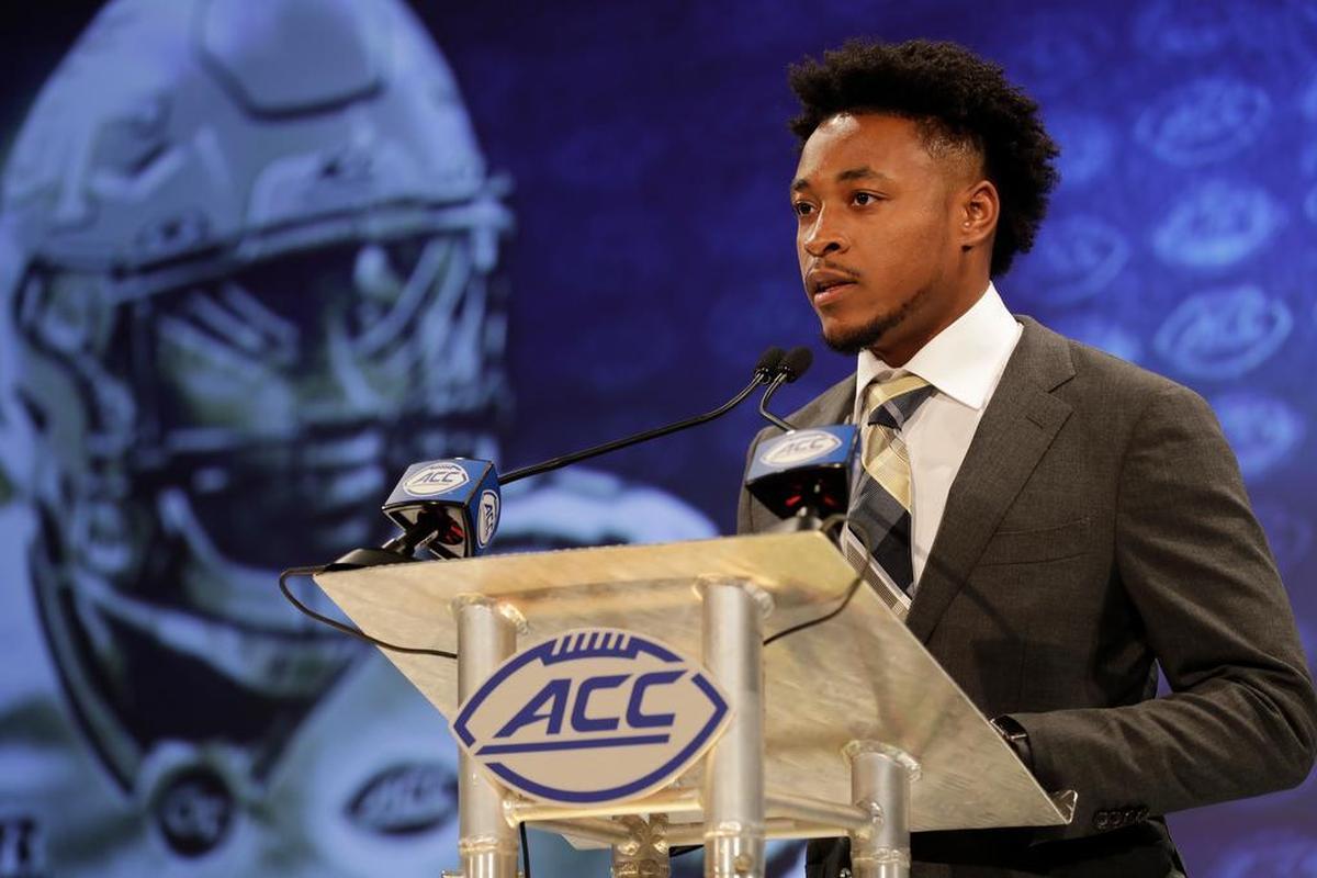 Georgia Tech’s TaQuon Marshall answers a question during a news conference at the NCAA Atlantic Coast Conference college football media day in Charlotte, N.C., Wednesday, July 18, 2018. (AP Photo/Chuck Burton)