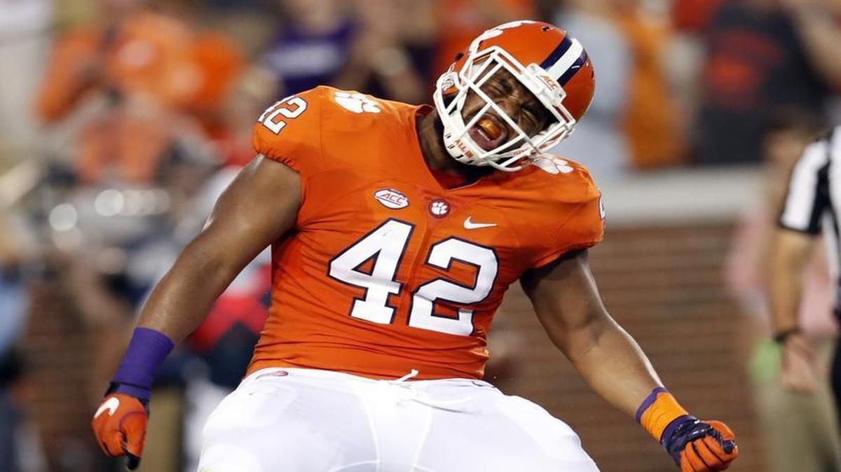 Clemson defensive lineman Christian Wilkins (42) reacts after stopping Georgia Tech quarterback Justin Thomas for a loss in the first half of Thursday’s game in Atlanta. an NCAA college football game Thursday, Sept. 22, 2016, in Atlanta. (AP Photo/John Bazemore)
