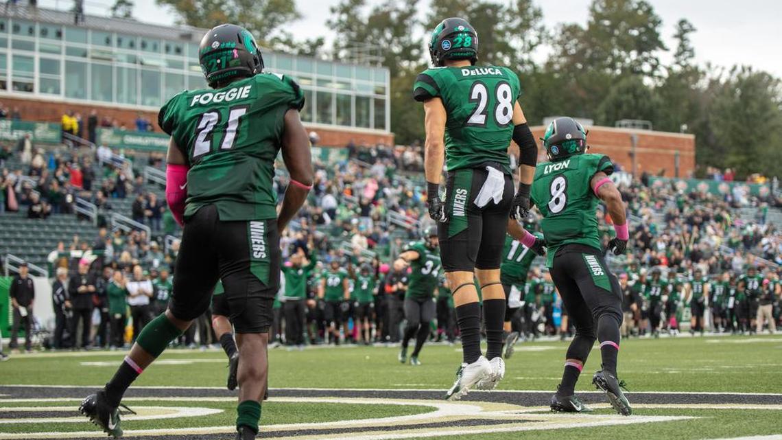 Charlotte 49ers linebacker Juwan Foggie (21) and safety Ben DeLuca (28) combined for three interceptions in the first half of Saturday’s Conference USA football game at Richardson Stadium.