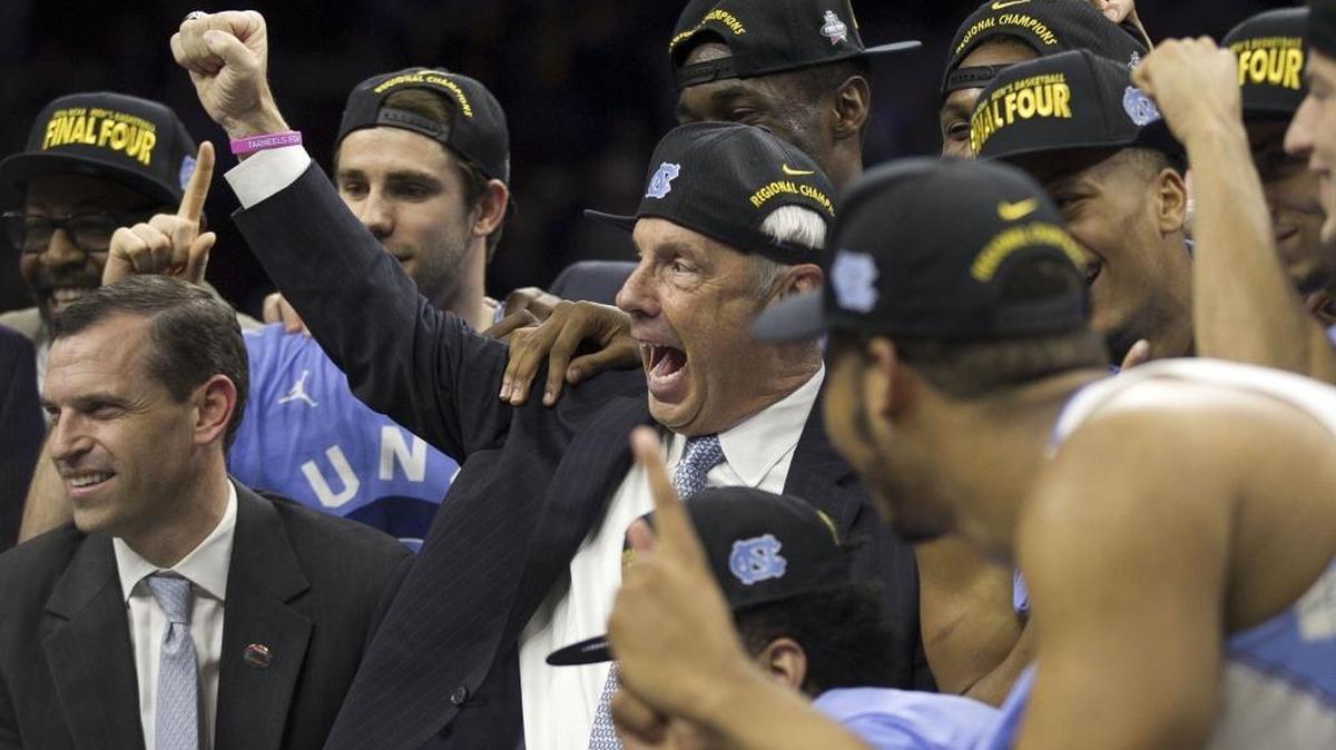 North Carolina coach Roy Williams celebrates the Tar Heels’ 88-74 victory over Notre Dame in the NCAA East Regional Final on Sunday at the Wells Fargo Center in Philadelphia.