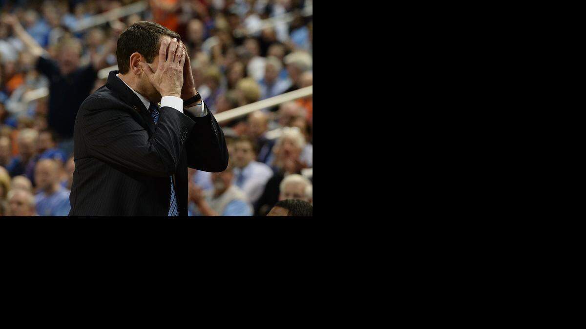 
Duke coach Mike Krzyzewski reacts after a call against his team late in the second half of the Blue Devils’ 74-64 loss to Notre Dame in the semifinal round of the Atlantic Coast Conference basketball tournament in Greensboro.

