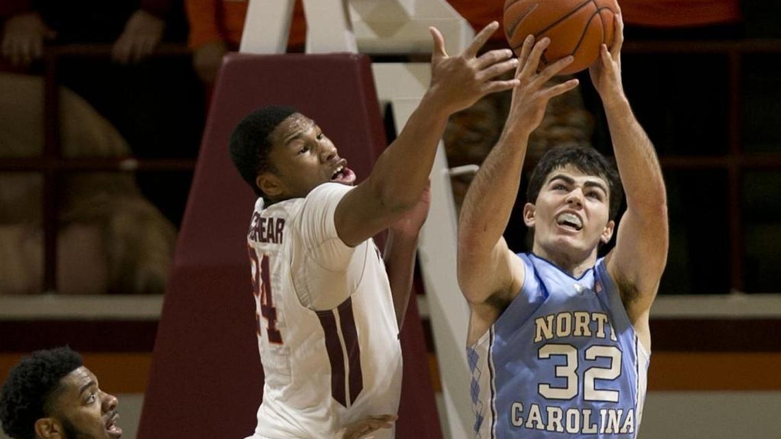 North Carolina’s Luke Maye, right, “has a tremendous ability to shoot the ball,” coach Roy Williams says. “He himself creates a mismatch for some people.” The departure of Brice Johnson and Joel James leaves Maye as the likely first big man off the bench in the coming season.