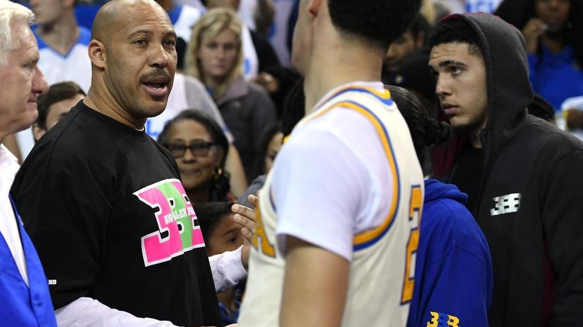 UCLA guard Lonzo Ball, right, shakes hands with his father LaVar following an NCAA college basketball game against Washington State on March 4.