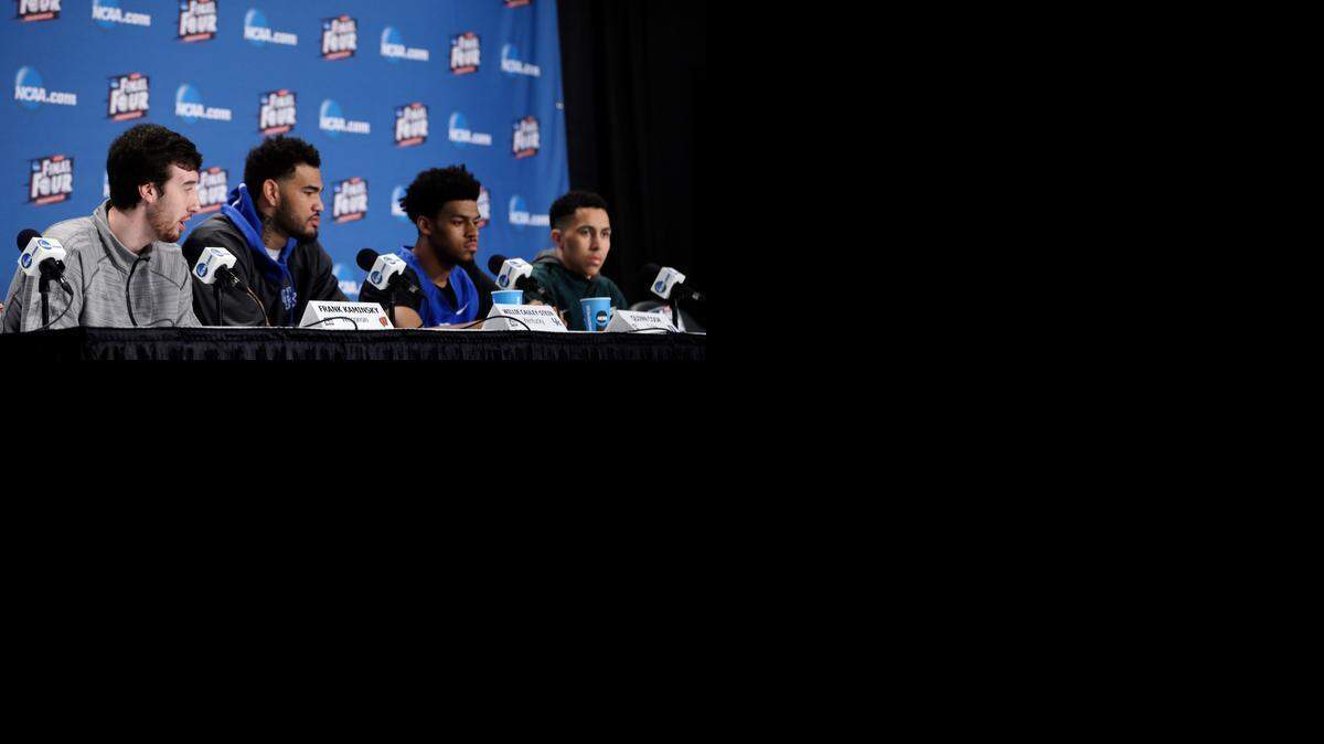 
Wisconsin's Frank Kaminsky, Kentucky's Willie Cauley-Stein, Duke's Quinn Cook and Michigan State's Travis Trice participate in a news conference for the NCAA Final Four tournament college basketball semifinal game Thursday, April 2, 2015, in Indianapolis. (AP Photo/Darron Cummings) 
