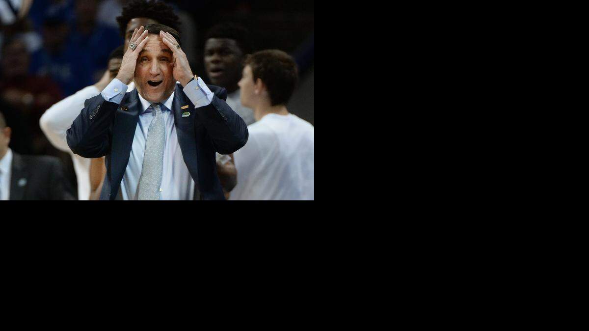 
Duke head coach Mike Krzyzewski can't believe a first-half call against his team as they play the Aztecs. Duke beat San Diego State, 68-49,  to advance to the NCAA Sweet 16 at the Time-Warner Cable Arena in Charlotte, Sunday, March 22, 2015.
