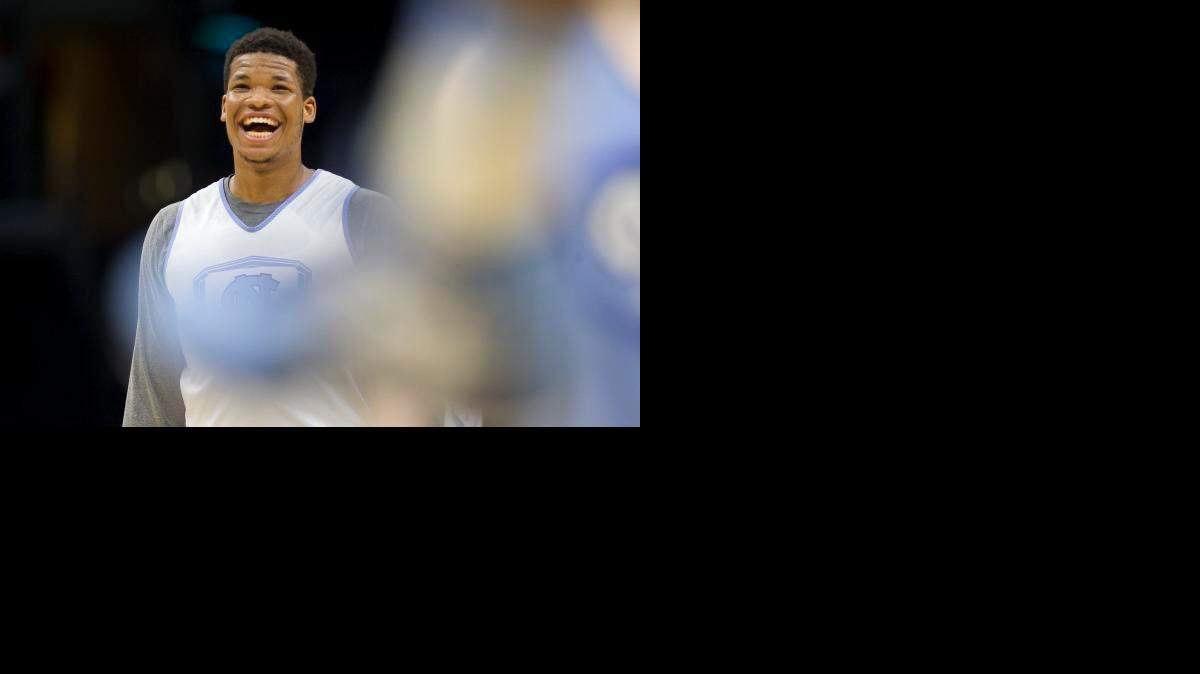 
UNC’s Kennedy Meeks (3) smiles during practice on Wednesday at the Staples Center in Los Angeles. Meeks injured his knee during the Tar Heels’ game against Arkansas on Saturday in Jacksonville, Fla.
