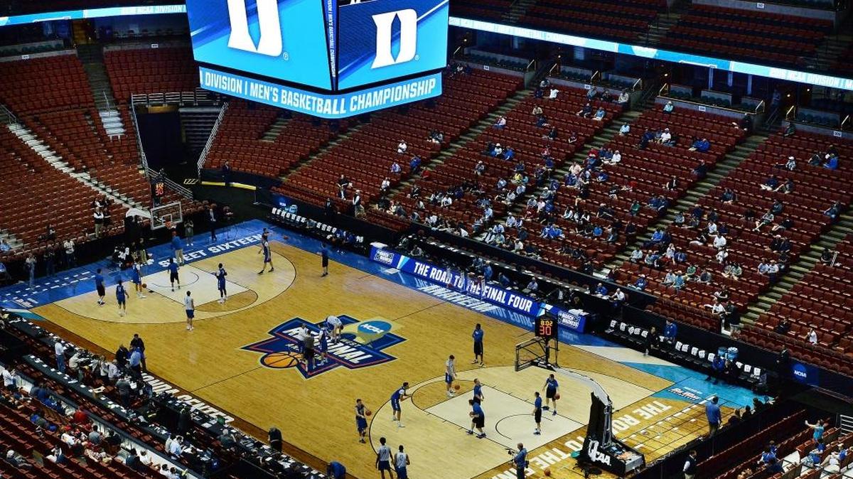 The Duke Blue Devils practice at the cavernous Honda Center in Anaheim, Calif., on Wednesday. Duke faces Oregon in the Sweet 16 on Thursday night.