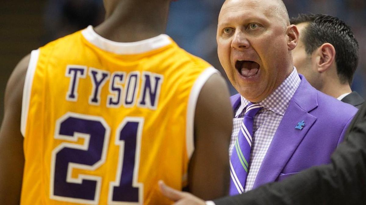East Carolina coach Jeff Lebo yells at B.J. Tyson (21) after a dunk by UNC's Isaiah Hicks in the first half on Sunday, December 7, 2014 at the Smith Center in Chapel Hill.