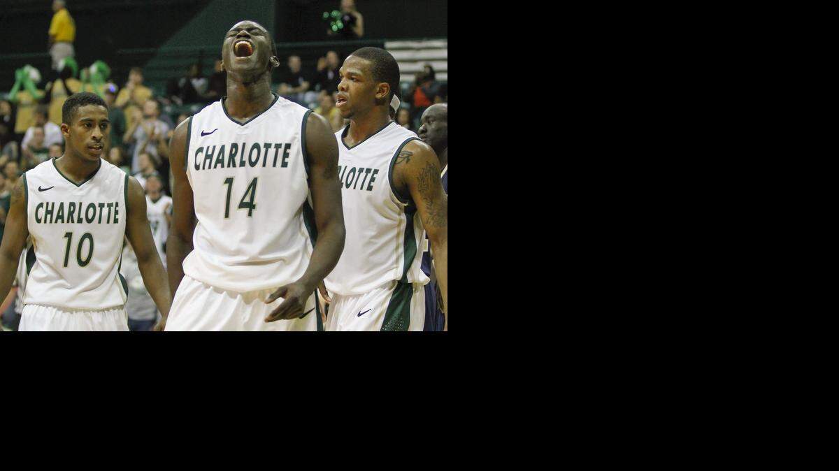
Charlotte 49ers guard Terrence Williams (14) reacts after scoring a basket during their game against Charleston Southern at Halton Arena in 2012. 
