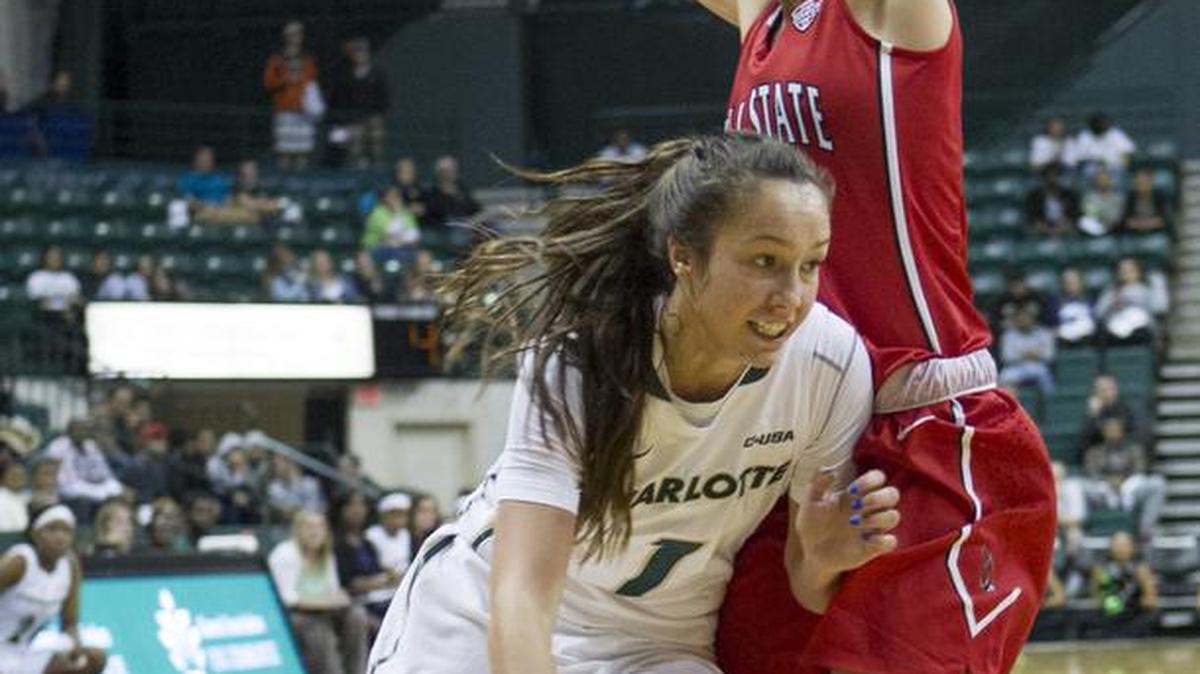 Charlotte 49ers guard Ciara Gregory (1) tries to get around Ball State's Carmen Grande during the Charlotte 49ers home opener women's basketball game Friday at Halton Arena.