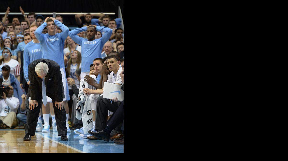 
UNC coach Roy Williams reacts as the Tar Heels fall behind near of the 84-77 loss to Duke at the Dean Smith Center in Chapel Hill.
