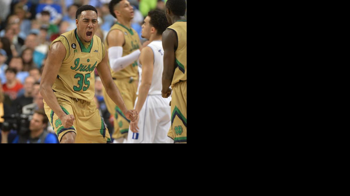 
Notre Dame’s Bonzie Colson (35) reacts after scoring against the Blue Devils in the first half in the semifinal round of the Atlantic Coast Conference basketball tournament in Greensboro.
