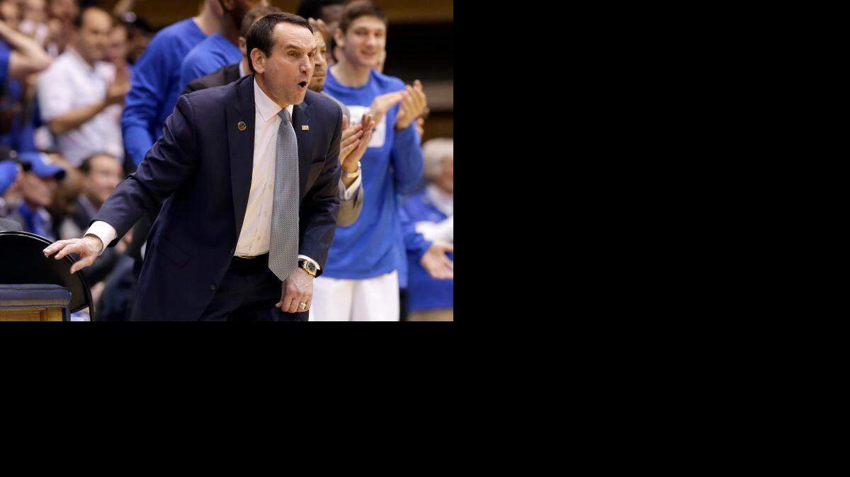 
Duke coach Mike Krzyzewski yells during the second half of his team's NCAA college basketball game against Syracuse in Durham, N.C., Saturday, Feb. 28, 2015. Duke won 73-54.
