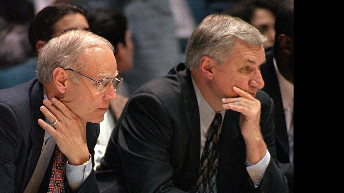
1996 file photo – The loyalty Bill Guthridge (left) has for his boss, Dean Smith, is legendary. Once he yelled at former Maryland coach Lefty Driesell for showing poor sportsmanship when he refused to shake Smith's hand after a game. When players are substituted they sit next to Guthridge so they can receive the wisdom of his observations. 
