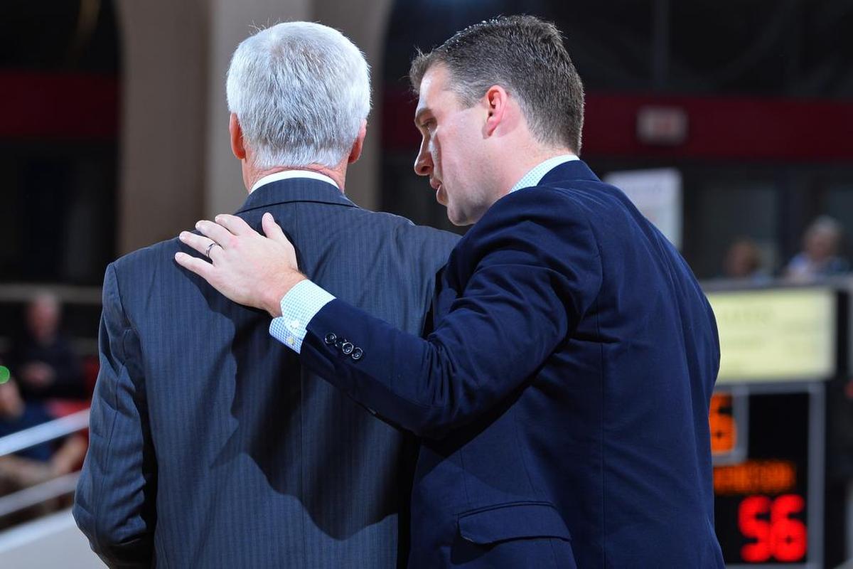 From Saturday, November 28, 2015: Then-assistant coach Matt McKillop of Davidson provides some advice to father and head coach, Bob McKillop, in the closing minutes of non-conference basketball action against Denison at Belk Arena. Davidson won 83-70, providing Bob McKillop with his 500th career win.