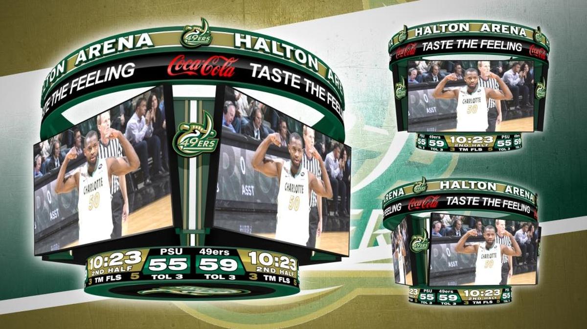 A rendering of the new scoreboard that will be installed this summer at UNC Charlotte’s Halton Arena.