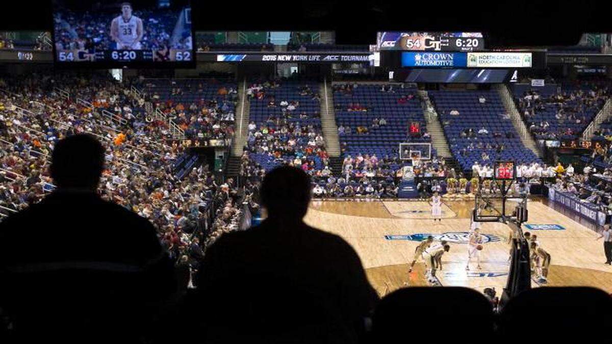 
Boston College’s Patrick Heckmann (33) shoots a free throw during the second half against Georgia Tech before a sparse crowd during the first day of the Atlantic Coast Conference Basketball Tournament at the Greensboro Coliseum in Greensboro, N.C. on Tuesday, March 10, 2015.
