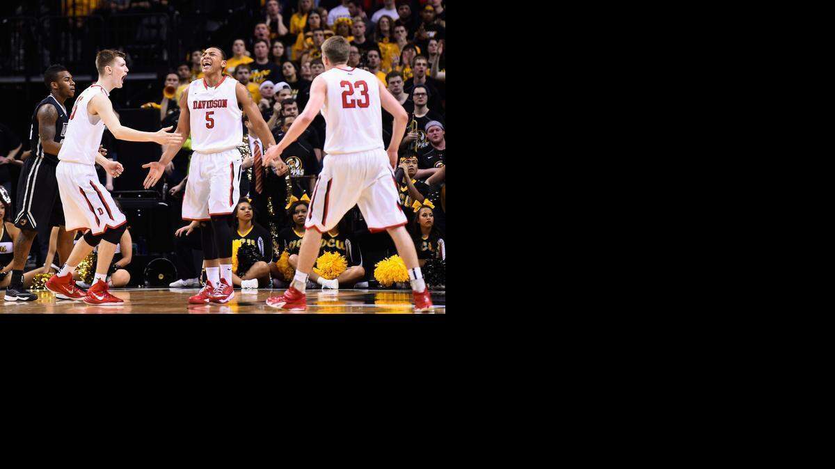 
Davidson’s Jordan Barham (5) reacts to a basket with teammates Oskar Michelsen and Peyton Aldridge during Saturday’s Atlantic 10 men’s semifinal in Brooklyn, N.Y. VCU won 93-73.


