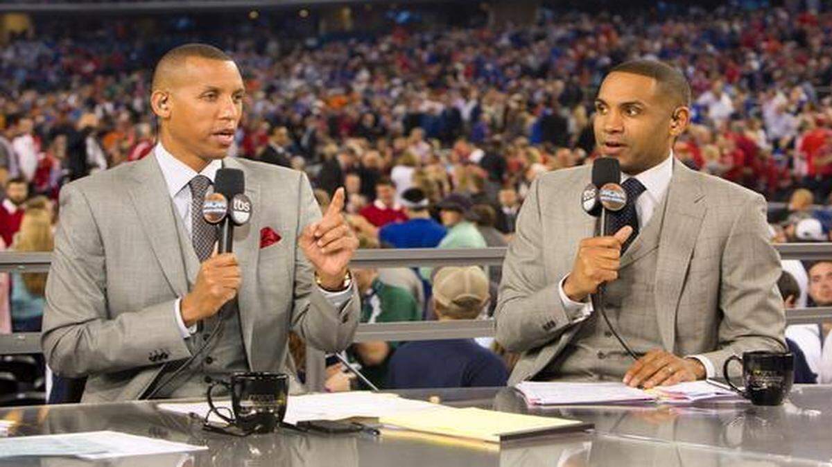 
Grant Hill (right) will broadcast his first NCAA tournament game Friday in Charlotte, which is also where he played in his final NCAA tournament game, a 1994 loss in the final to Arkansas while he was at Duke. At left is Reggie Miller.
