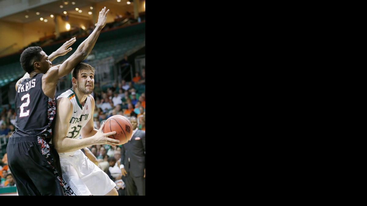 
Miami forward Ivan Cruz Uceda (33) prepares to shoot past North Carolina Central forward Jordan Parks (2) during the first half of a first round National Invitation Tournament college basketball game, Tuesday, March 17, 2015, in Coral Gables, Fla. 

