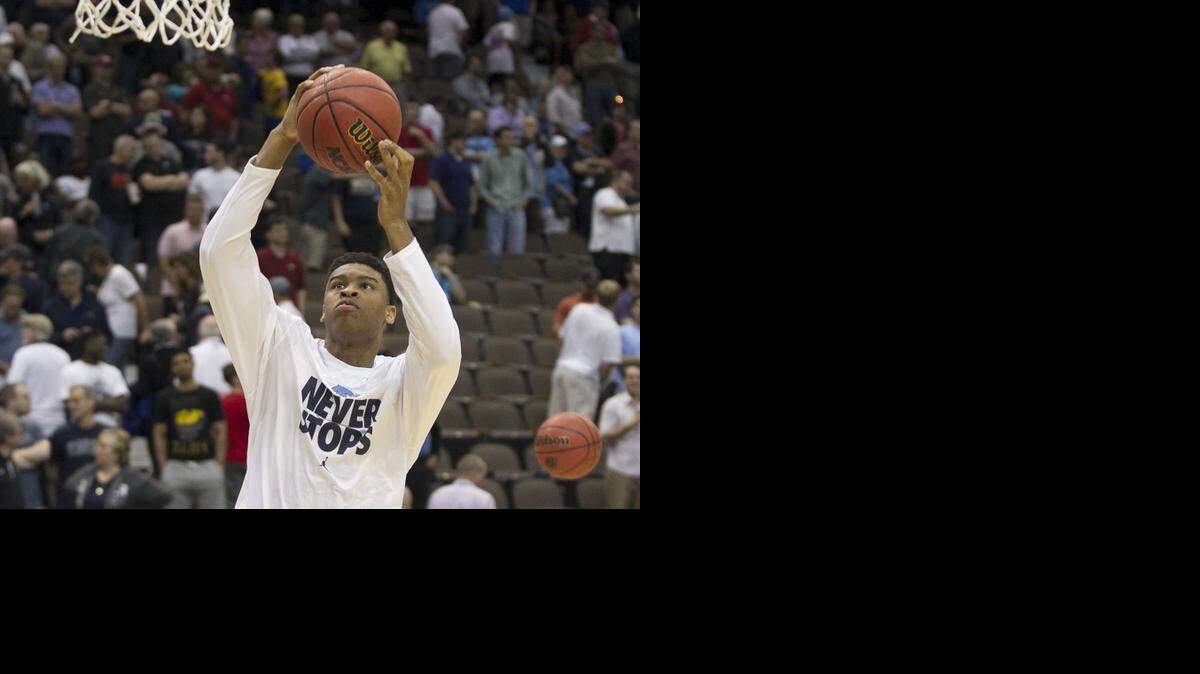
North Carolina’s Isaiah Hicks and his teammates warm up for their game against Arkansas in the third round of the NCAA Tournament on Saturday, March 21, 2015 at the Jacksonville Veterans Memorial Arena in Jacksonville, Florida.
