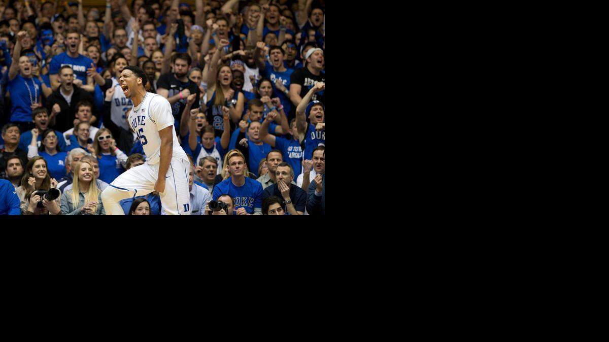
Dukeís Jahlil Okafor (15) reacts after giving Duke a 62-61 lead in the second half against North Carolina on  Feb. 18, 2015 at Cameron Indoor Stadium in Durham.
