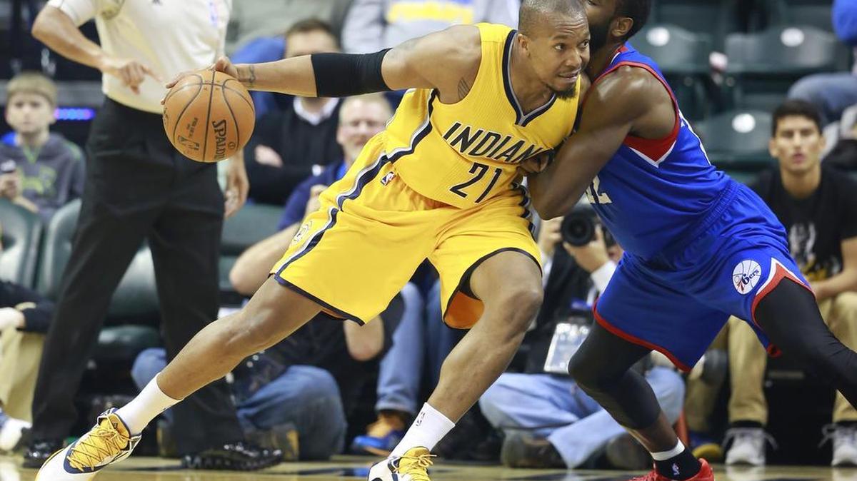 
In this March 1, 2015, file photo, then-Indiana Pacers forward David West, left, is defended by Philadelphia 76ers forward Luc Mbah a Moute in an NBA basketball game in Indianapolis. West signed as a free agent with the San Antonio Spurs earlier in July 2015.
