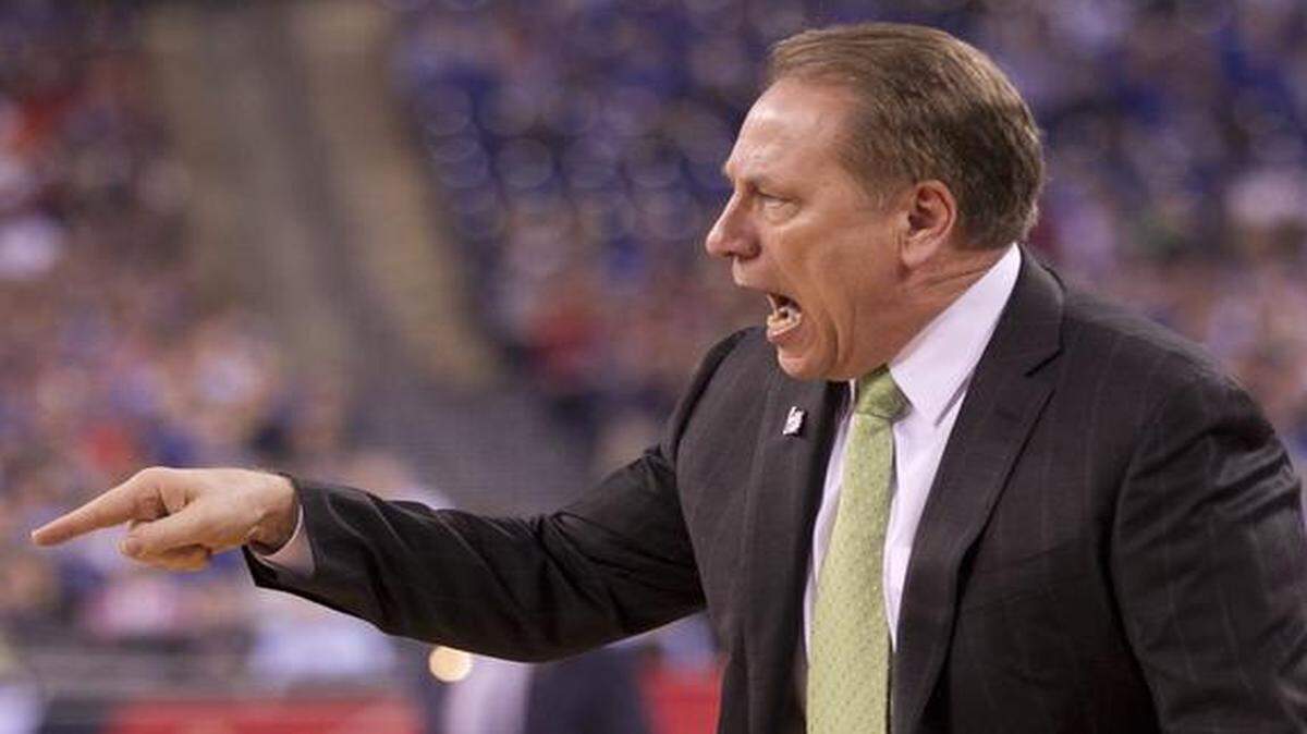 
Michigan State coach Tom Izzo reacts to a foul called on his team during the first half against Duke in the NCAA semifinals at the Lucas Oil Stadium in Indianapolis.
