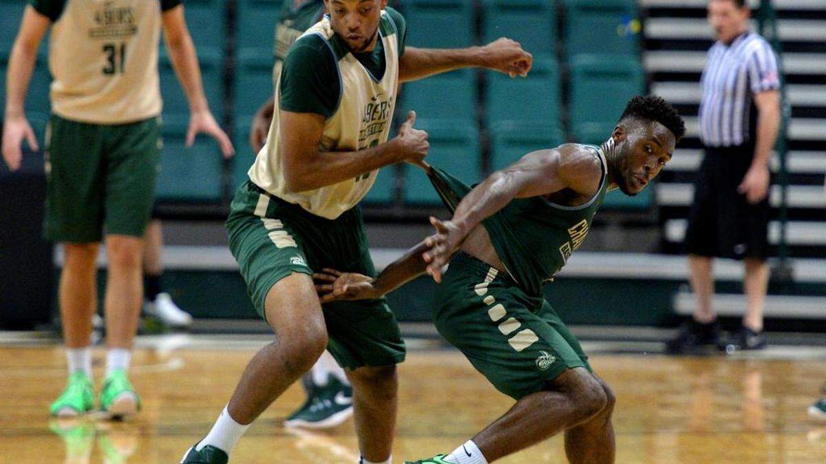 
Charlotte 49ers guard Braxton Ogbueze, right, fights to regain control of a loose ball with teammate Cameron Blakley, left, during the Green and White scrimmage on Thursday at Halton Arena.
