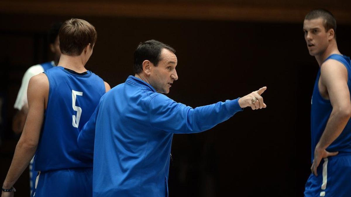 
Duke head coach Mike Krzyzewski directs his team during the open practice at Cameron Indoor Stadium, Friday in Durham.
