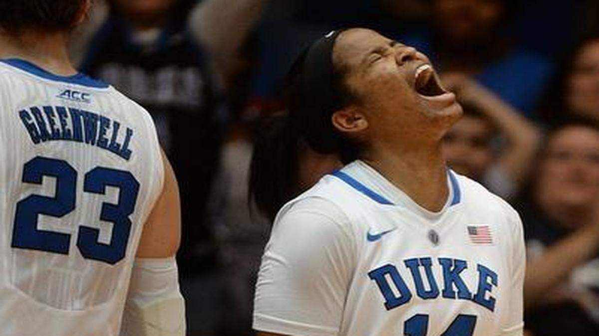 
Duke’s Ka'lia Johnson (14) reacts as the Blue Devils come from 11 points down in the second half against the Tar Heels at Cameron Indoor Stadium.

