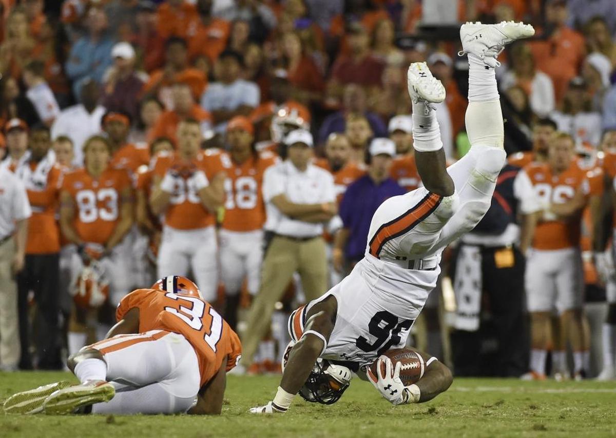 Auburn running back Kamryn Pettway (36) is tackled by Clemson cornerback Ryan Carter (31) during the second half of Saturday’s game. Clemson kept Auburn out of the end zone in a 14-6 win.