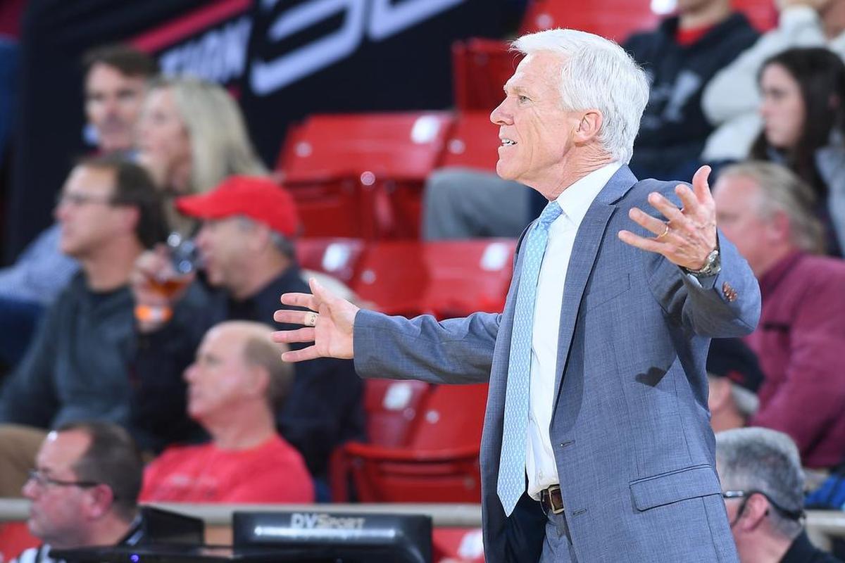 Davidson coach Bob McKillop questions an official’s call late in the second half of Tuesday’s college basketball game between the Wildcats and visiting Winthrop. Davidson won 99-81.
