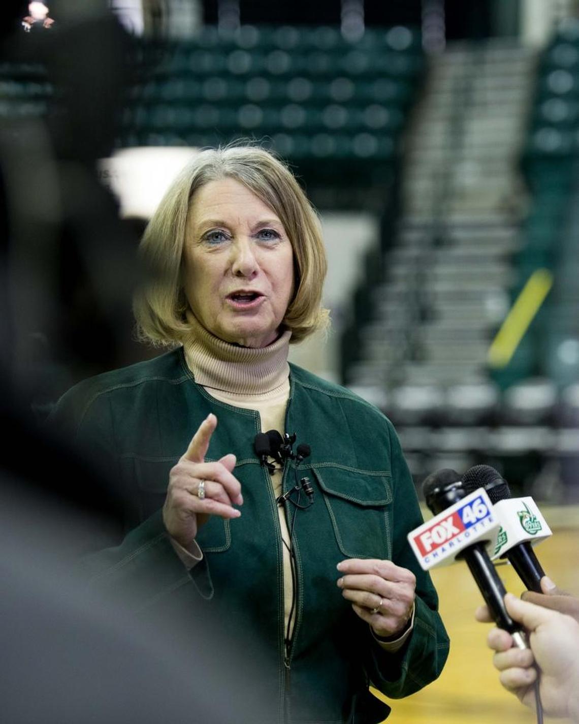 Charlotte 49ers athletics director Judy Rose, who will retire in June, held a news conference Thursday afternoon at Halton Arena.