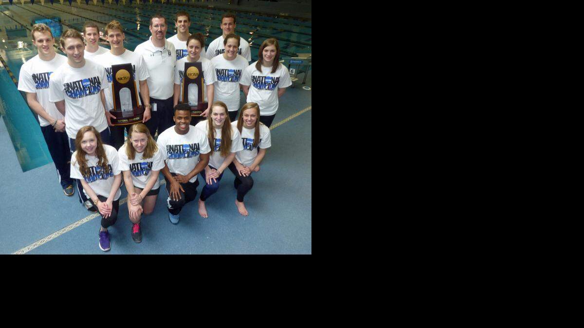 
Event winners and captains from Queens University of Charlotte’s men’s and women’s swimming teams, which won titles at the NCAA Division II national championships: front row, from left, Alexandra Marshall, Madeleine Wallmon (women’s captain), Evante Gibson (men’s captain), Hannah Peiffer and McKenzie Stevens; middle row, from left, Niclas Eriksson (men’s captain), Matthew Josa, coach Jeff Dugdale, Patricia Castro-Ortega, Caroline Arakelian (women’s captain), and Lillian Gordy (women’s captain); back row, from left Hayden Kosater, Ben Taylor (men’s captain), John Suther and Nicholas Arakelian.
