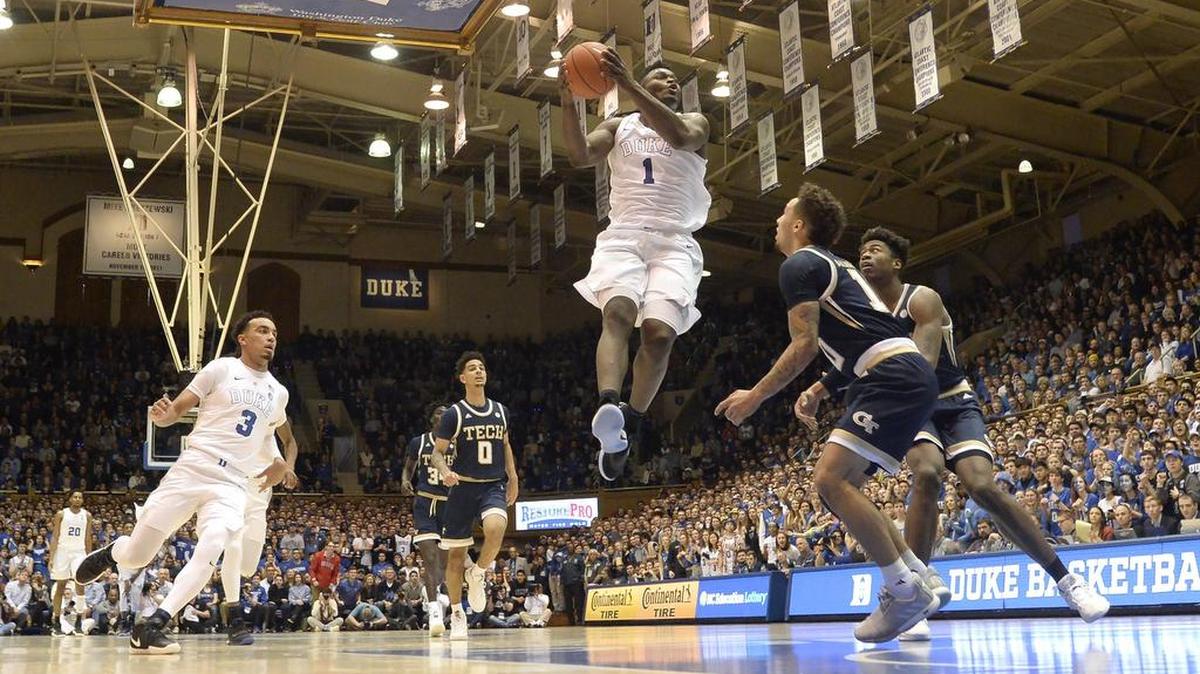 Duke forward Zion Williamson (1) goes in to score against Georgia Tech in the first half at Cameron Indoor Stadium in Durham on Saturday. The Blue Devils travel to South Bend, Ind., to face Notre Dame on Monday.