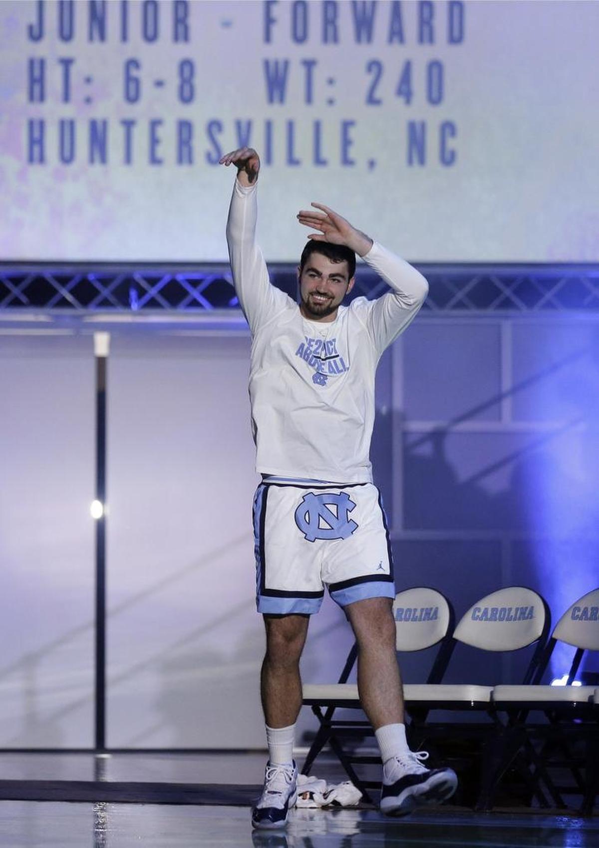 North Carolina's Luke Maye is introduced during the basketball team's annual “Late Night With Roy” event in Chapel Hill on Oct. 13.