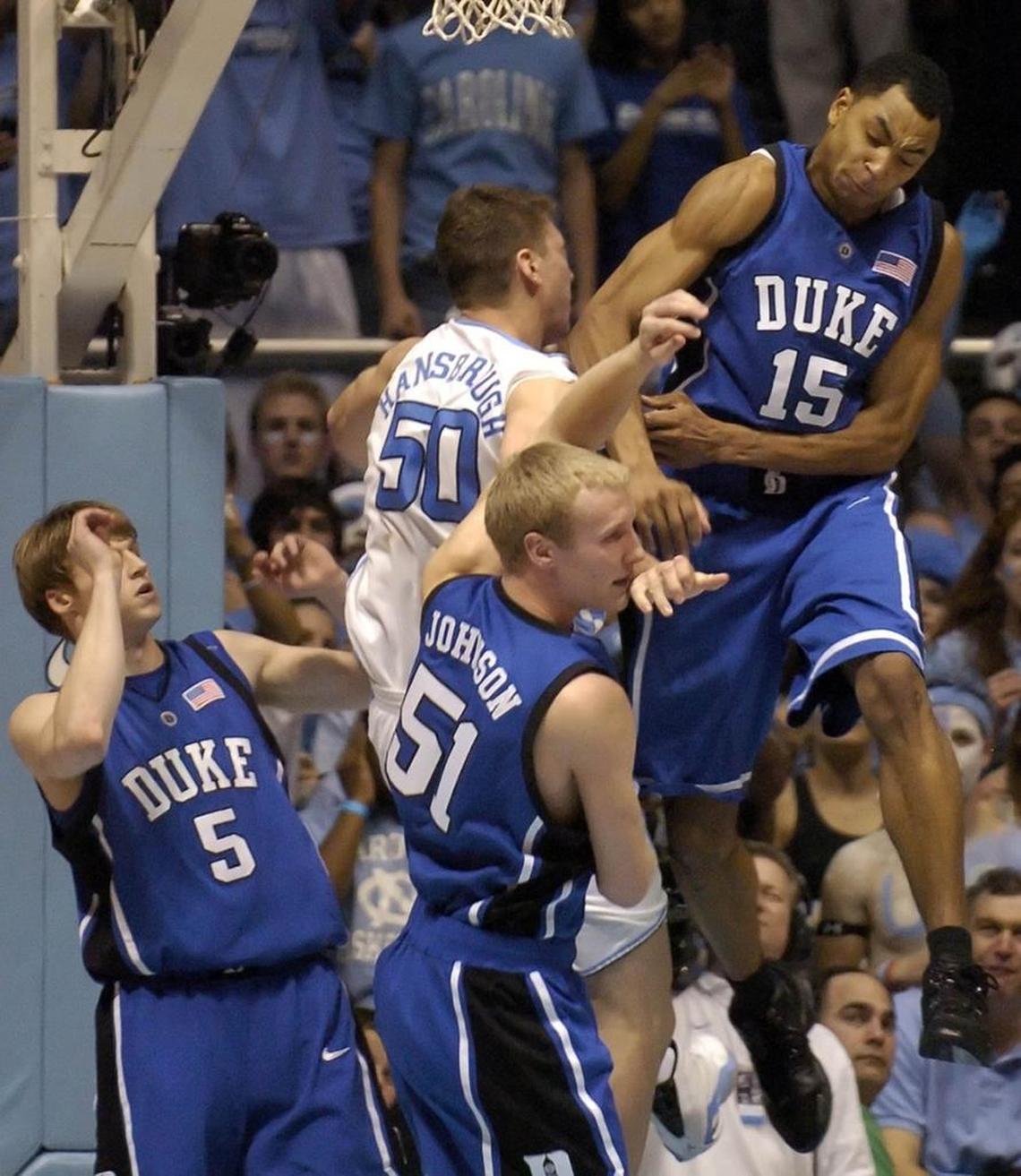 North Carolina's Tyler Hansbrough (50) was fouled by Duke's Gerald Henderson (15) in an ACC basketball game in 2007. Now the two have started a podcast together.