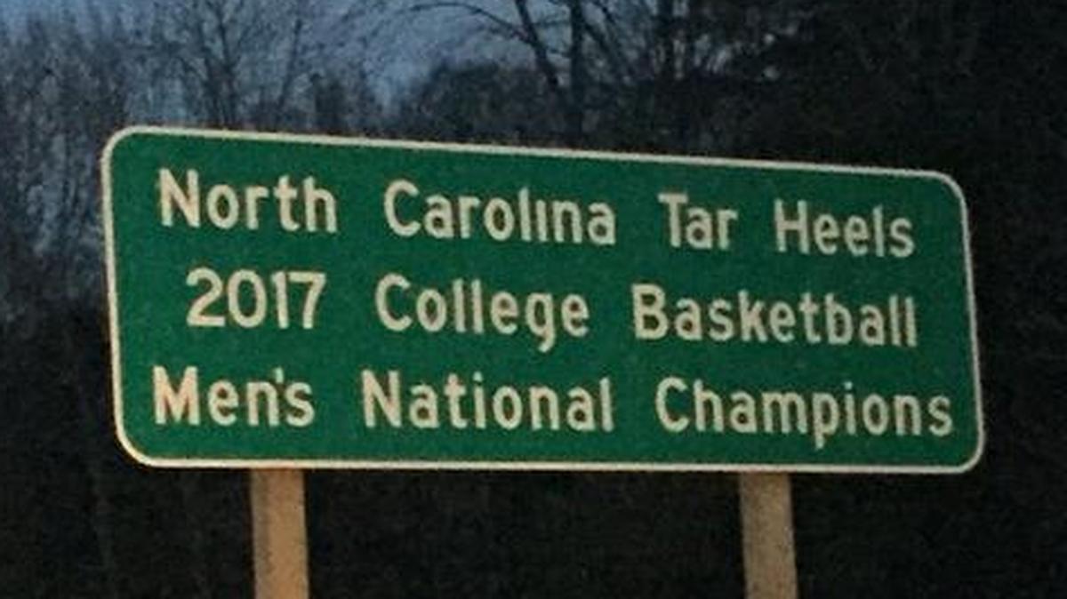 This sign, commemorating last year’s NCAA men’s basketball championship won by the North Carolina Tar Heels, did not sit well with Charlotte 49ers fans.