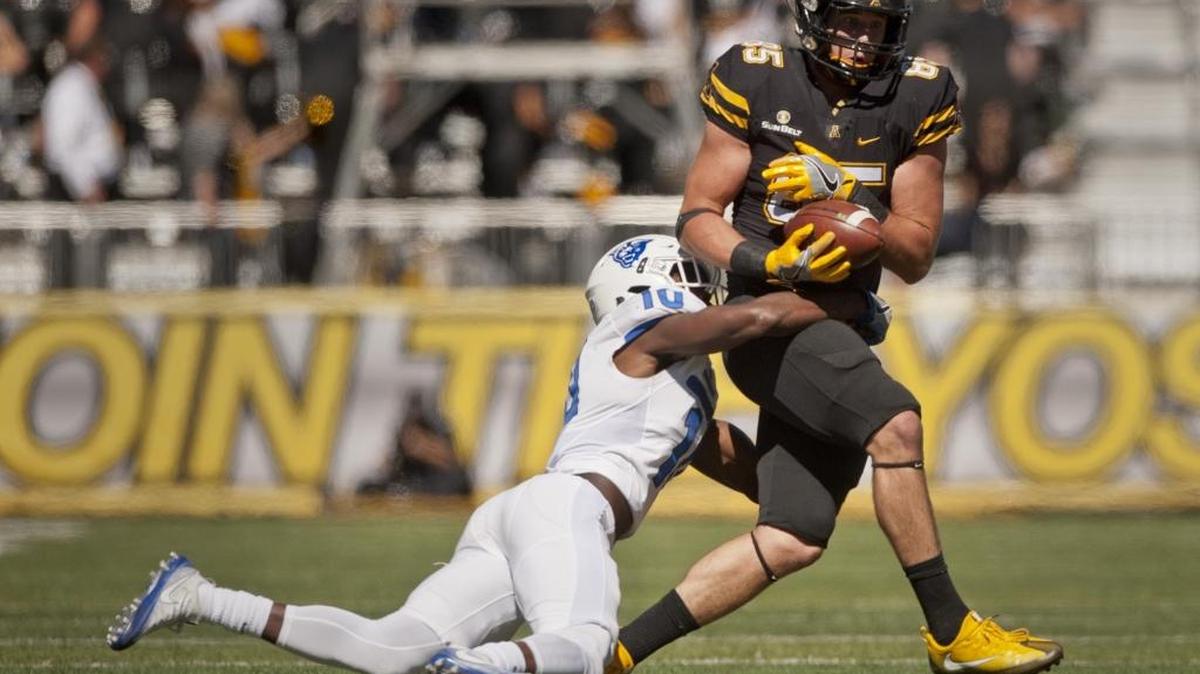 Appalachian State tight end Barrett Burns, pictured against Georgia State on Oct. 1, has been a reliable target for quarterback Taylor Lamb. Burns leads the Mountaineers with 170 receiving yards on 10 catches.