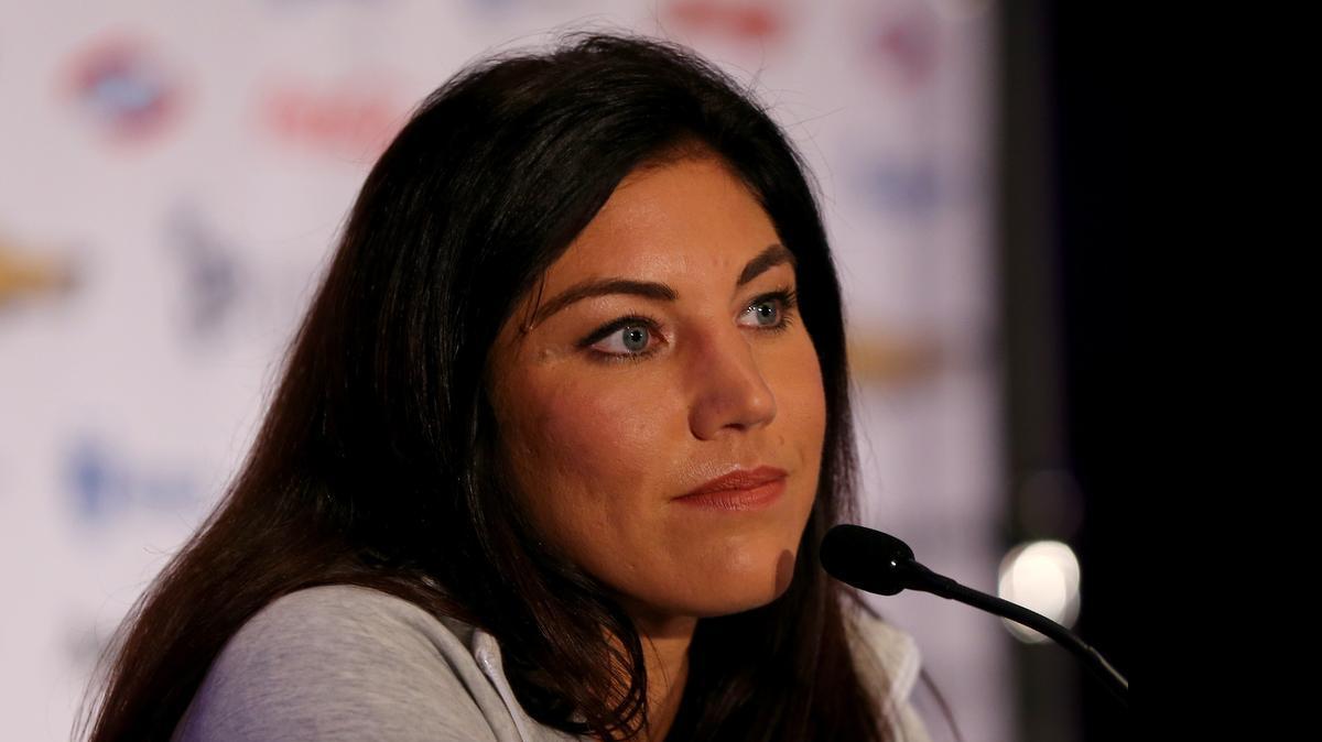 
Hope Solo answers questions during the United States Women's World Cup Media Day at Marriott Marquis Hotel on May 27, 2015 in New York.
