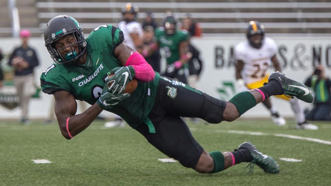 Charlotte 49ers linebacker Juwan Foggie intercepts his second pass of the game and his sixth of the season against Southern Miss on Saturday at Richardson Stadium. Foggie leads the nation in picks.