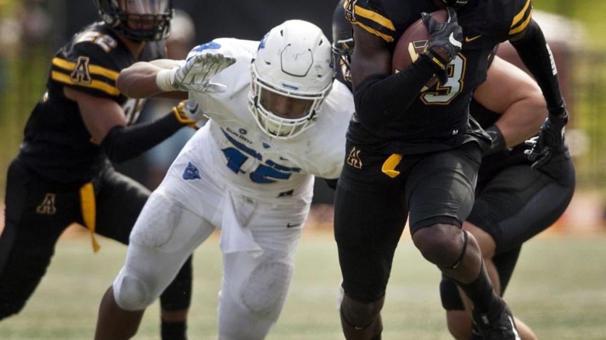 Appalachian State defensive back Alex Gray (right) is one of 22 players on the Mountaineers’ roster who are from Georgia. Thursday night, Appalachian State will play at rival Georgia Southern in a Sun Belt Conference game that will be televised on ESPNU.