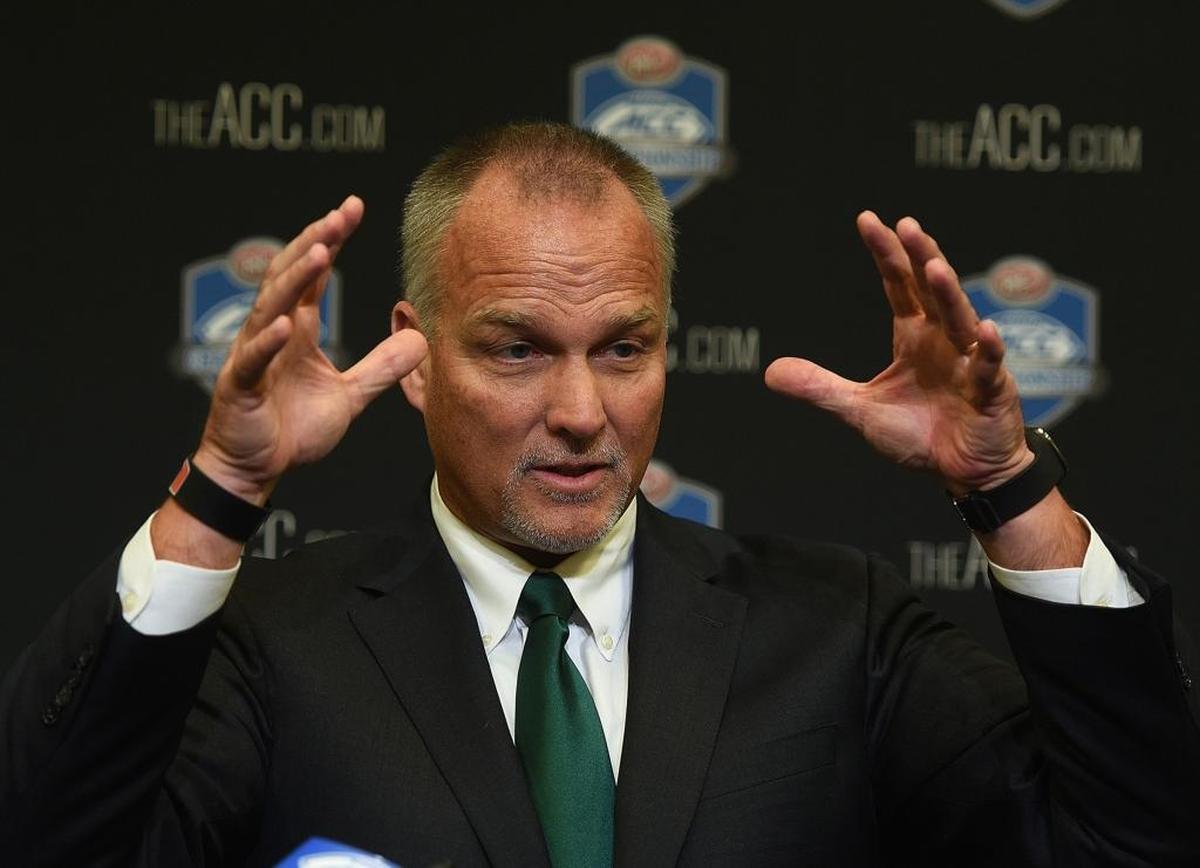 Miami football coach Mark Richt addresses reporters during a news conferences at Bank of America Stadium Friday afternoon. Richt and the Hurricanes will play reigning champion Clemson for the ACC title Saturday night.